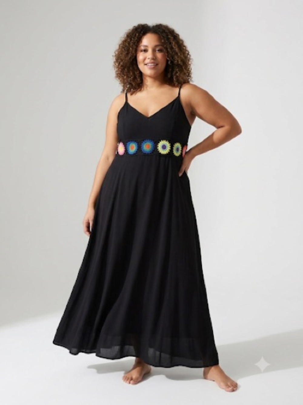 SHEIN Black Maxi Dress with Multicolor Crochet Waist XL ptp 21 inches. ITEM #20